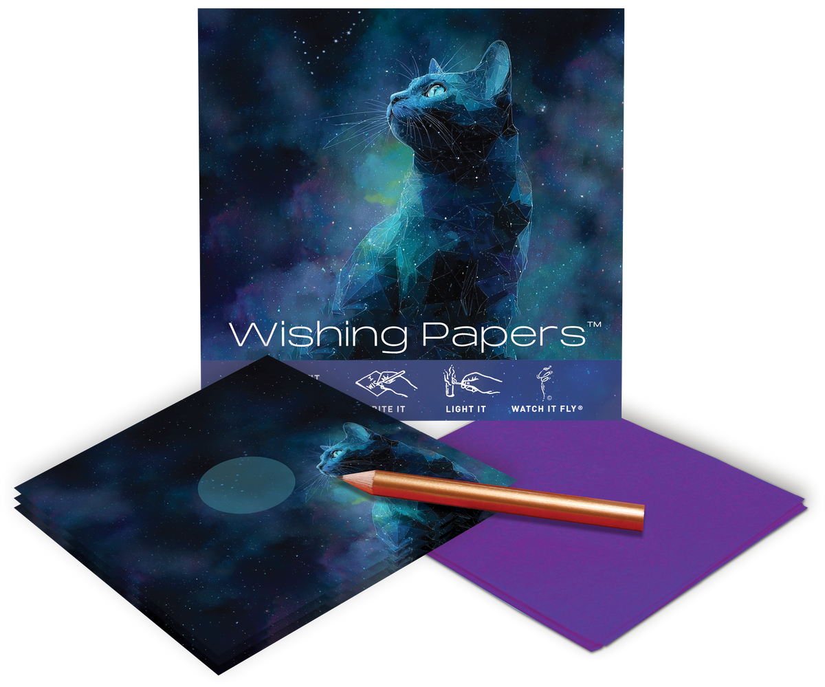 FLYING WISH PAPER® – Manifestation & Intention Ceremony Kits - COSMIC CAT — WISHING PAPERS™ Mini 15 WISHING KIT™ Gift